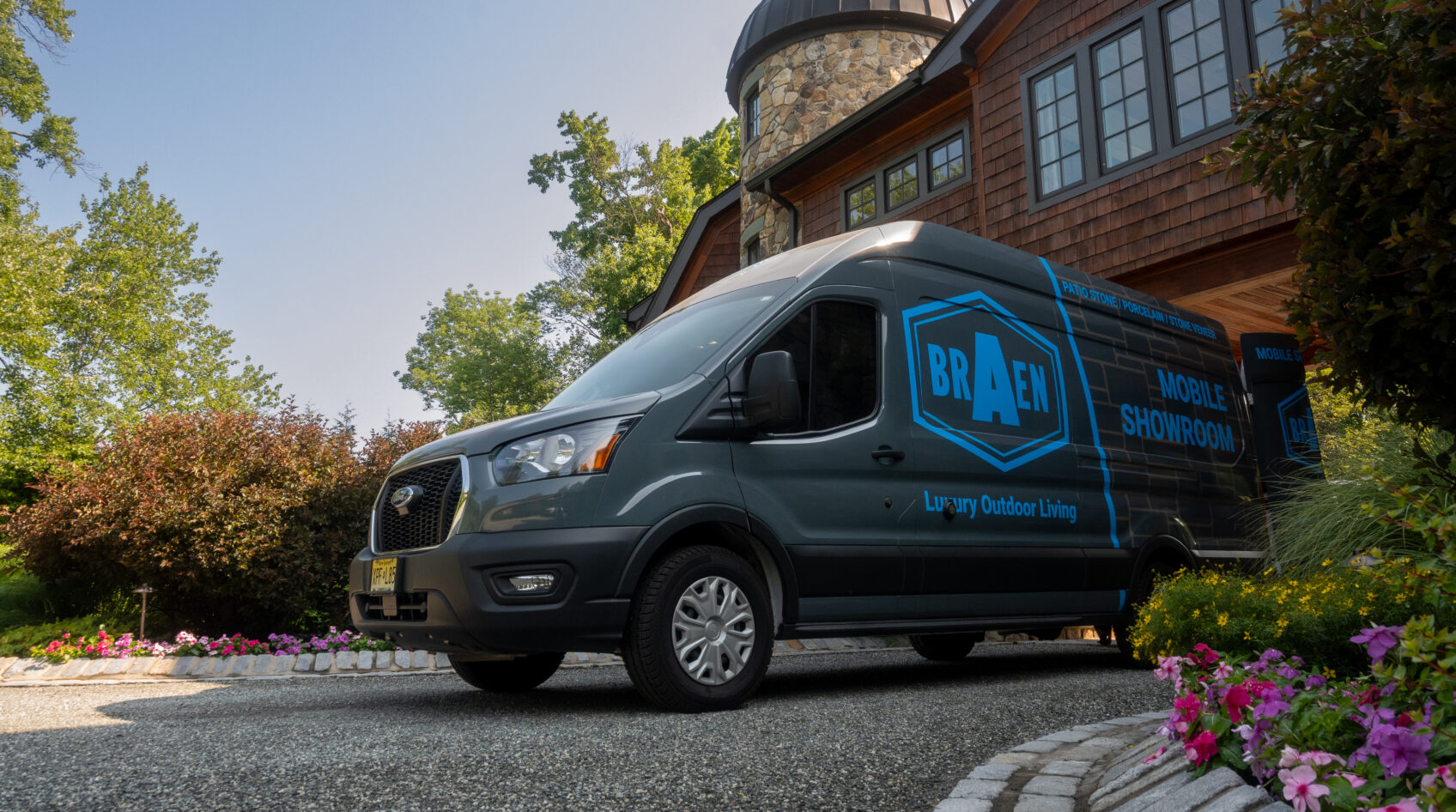 A mobile showroom is ready for an appointment at a homeowner's home.