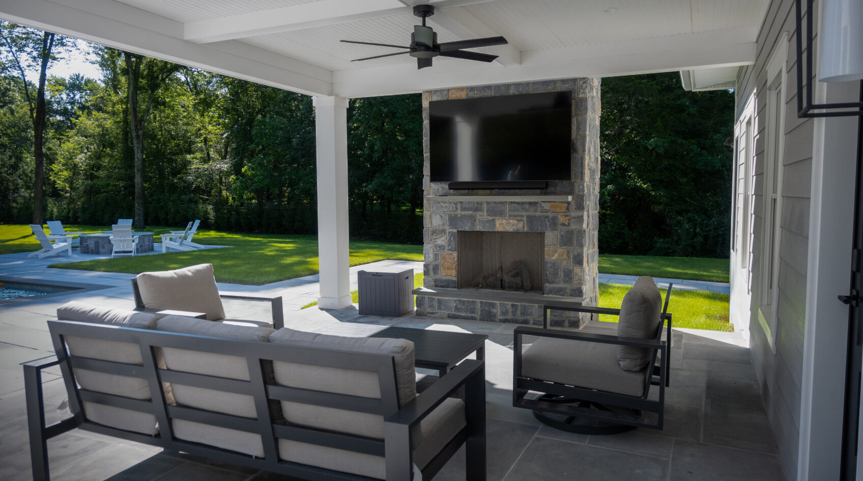 A backyard covered patio with a built in fireplace